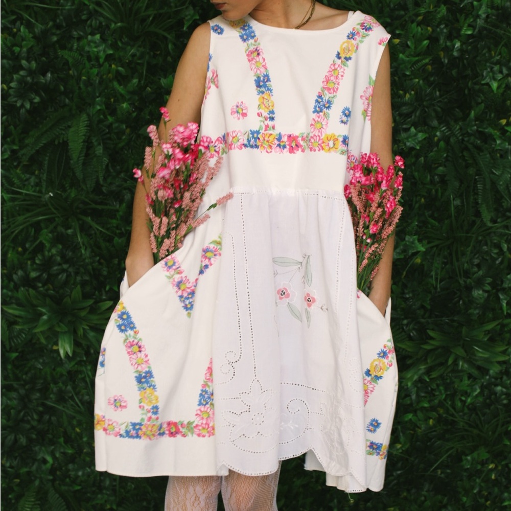 Upcycled vintage tablecloth Floral Pocket Dress with Embroidered Accents